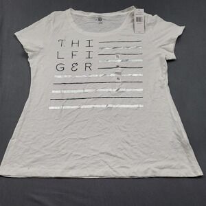 Tommy Hilfiger Womens White Graphic T Shirt XL Silver Flag Print Short Sleeve
